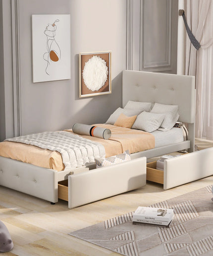 Lit 1 place 90x200 avec tiroirs de rangement – Velours capitonné