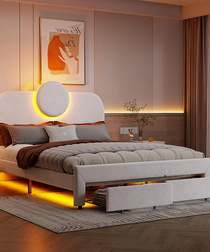 Lit 2 places 140x200 en velours avec rangement – Tête ronde LED