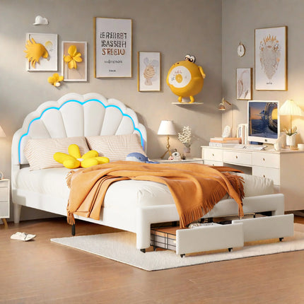 Tweepersoonsbed 140x200 met opberglade – LED-bloemenhoofdbord