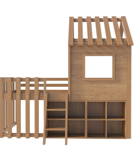 Lit cabane 90x200 en bois – Maison avec barrière et rangements ouverts