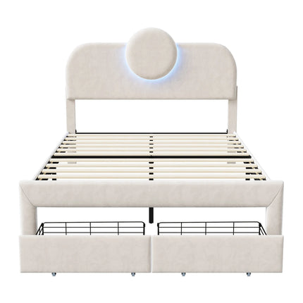 Tweepersoonsbed 140x200 cm in fluweel met opbergruimte – Rond LED-hoofdbord