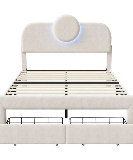 Lit 2 places 140x200 en velours avec rangement – Tête ronde LED