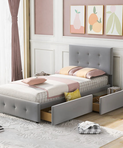 Lit 1 place 90x200 avec tiroirs de rangement – Velours capitonné