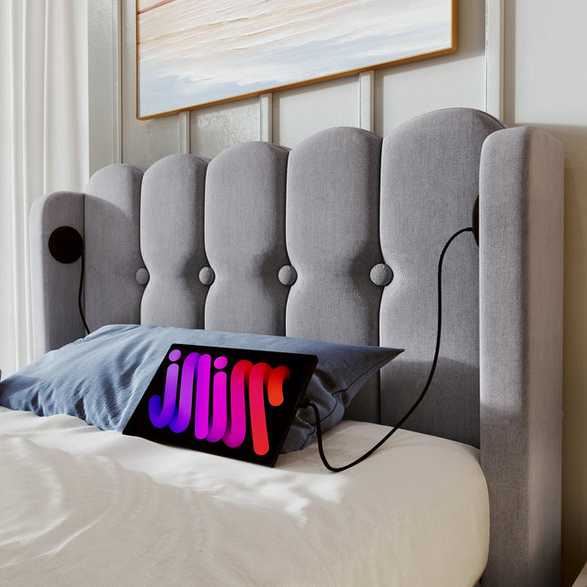 Eenpersoonsbed 90x200 cm – Gestoffeerd hoofdbord met USB- en Type-C-aansluitingen Grijs