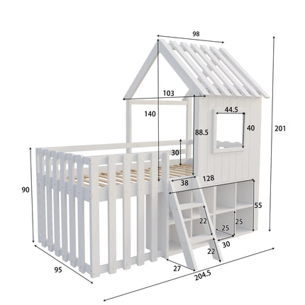 Houten kajuitbed (90x200cm) – Huis met afscheiding en open opbergruimte