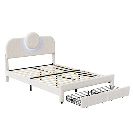 Tweepersoonsbed 140x200 cm in fluweel met opbergruimte – Rond LED-hoofdbord