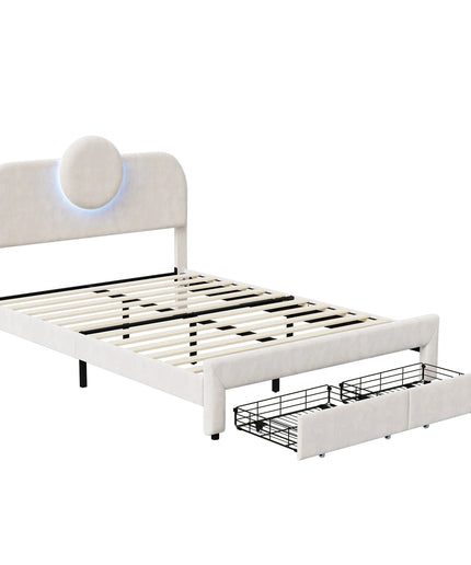 Lit 2 places 140x200 en velours avec rangement – Tête ronde LED