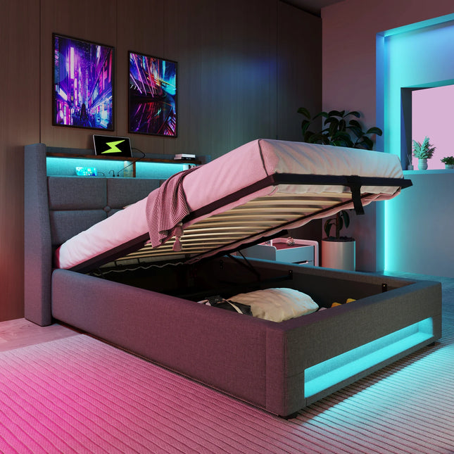 Lit coffre 140x200 avec rangement – Tissu Gris & LED