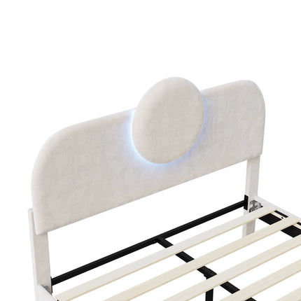 Tweepersoonsbed 140x200 cm in fluweel met opbergruimte – Rond LED-hoofdbord