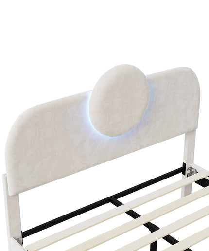 Lit 2 places 140x200 en velours avec rangement – Tête ronde LED