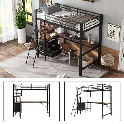 Eenpersoons hoogslaper 90x200 cm – Zwart metaal met bureau en opbergruimte