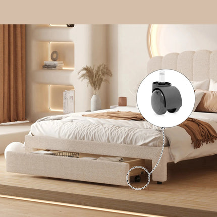 Tweepersoonsbed 140x200 met lade – Verstelbaar beige gewatteerd teddybeer hoofdbord