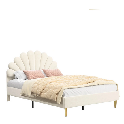 Tweepersoonsbed 140x200 cm – Bloemblaadjesmotief in beige fluweel