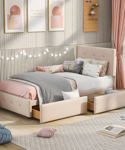 Lit 1 place 90x200 avec tiroirs de rangement – Velours capitonné