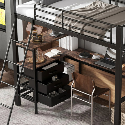 Eenpersoons hoogslaper 90x200 cm – Zwart metaal met bureau en opbergruimte