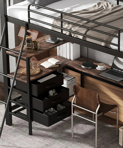 Lit mezzanine 1 place 90x200 – Métal noir avec bureau et rangements