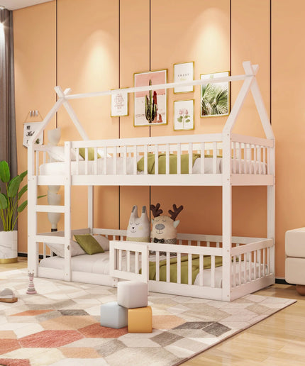 Lit mezzanine 2 lits 1 place 90x190 – Structure bois maison blanche