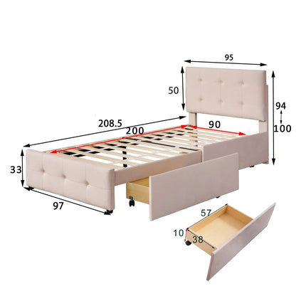 Eenpersoonsbed 90x200 met opberglades – Bekleed met fluweel