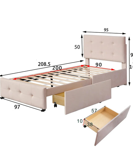 Lit 1 place 90x200 avec tiroirs de rangement – Velours capitonné