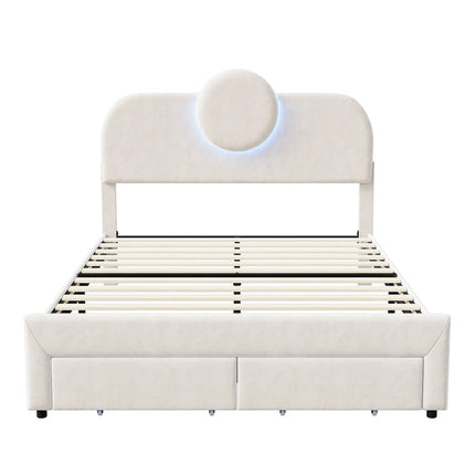 Tweepersoonsbed 140x200 cm in fluweel met opbergruimte – Rond LED-hoofdbord
