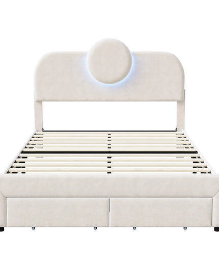 Lit 2 places 140x200 en velours avec rangement – Tête ronde LED