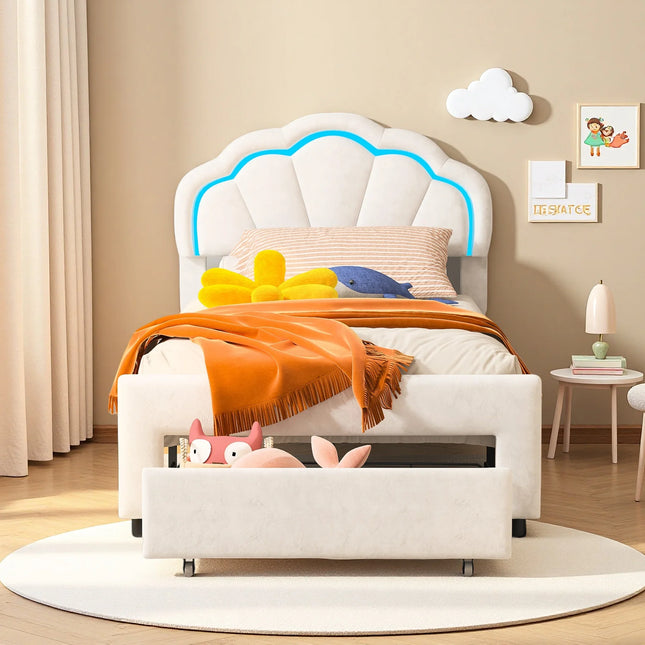 Eenpersoonsbed 90x200 met opberglade – LED-bloemenhoofdbord