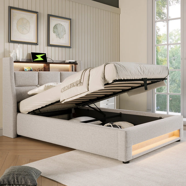 Lit coffre 180x200 avec rangement – Tissu Blanc ou Gris & LED