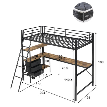 Eenpersoons hoogslaper 90x200 cm – Zwart metaal met bureau en opbergruimte