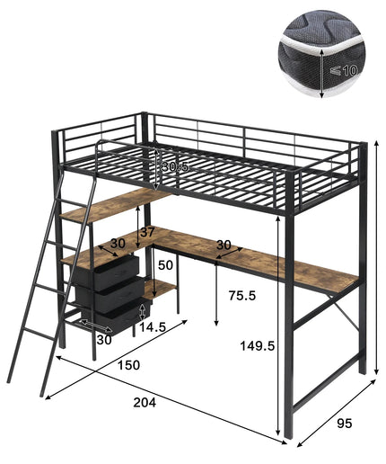 Lit mezzanine 1 place 90x200 – Métal noir avec bureau et rangements