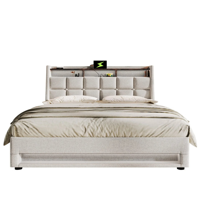 Lit coffre 180x200 avec rangement – Tissu Blanc ou Gris & LED