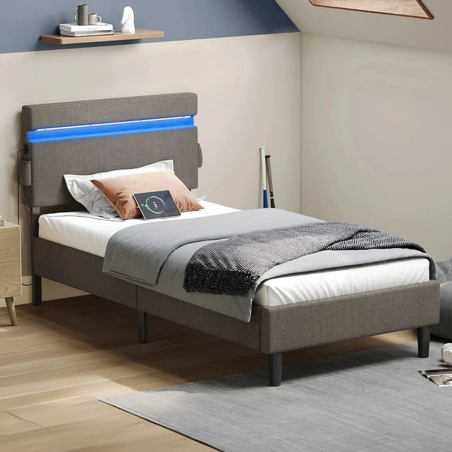 Eenpersoonsbed 90x190 cm – Metalen frame met LED-verlichting, USB-poort en Type-C-aansluiting, grijs
