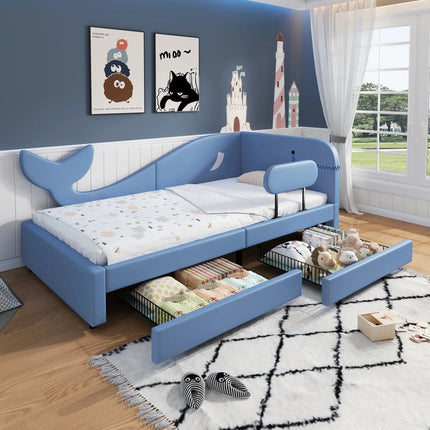 Lit 1 place 90x200 pour enfant avec rangements – Design baleine bleu