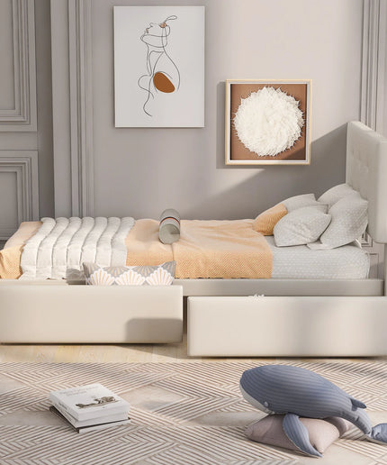 Lit 1 place 90x200 avec tiroirs de rangement – Velours capitonné