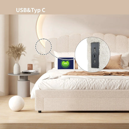 Tweepersoonsbed 140x200 met lade – Verstelbaar beige gewatteerd teddybeer hoofdbord