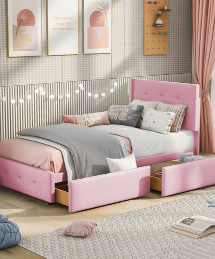 Lit 1 place 90x200 avec tiroirs de rangement – Velours capitonné