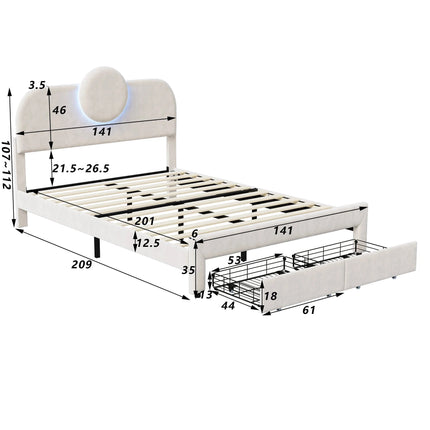 Tweepersoonsbed 140x200 cm in fluweel met opbergruimte – Rond LED-hoofdbord