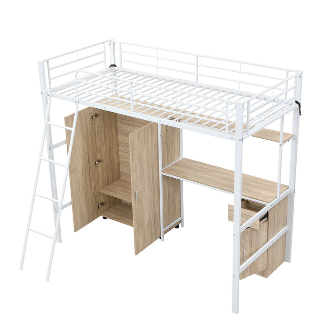 Einzel-Hochbett 90x200 – Weißes Metall mit Schreibtisch, Kleiderschrank und Stauraum