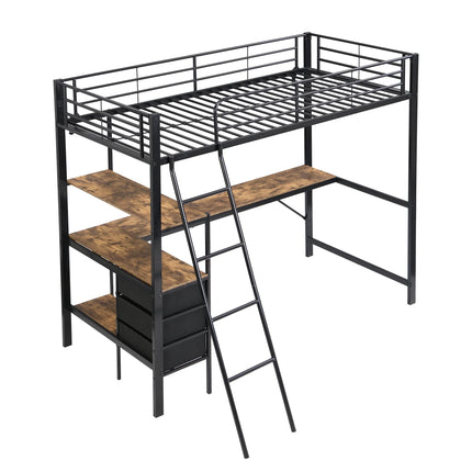 Eenpersoons hoogslaper 90x200 cm – Zwart metaal met bureau en opbergruimte