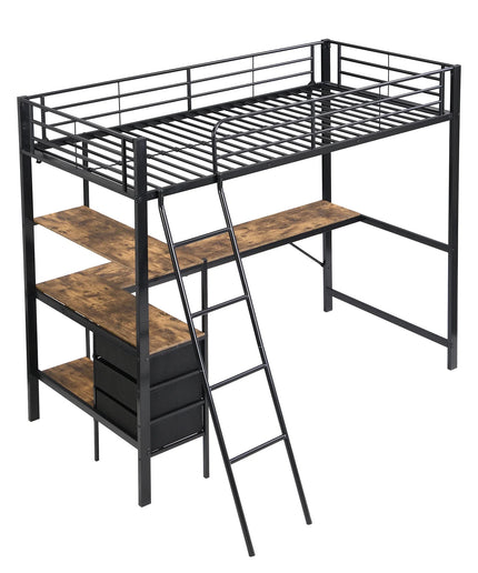 Lit mezzanine 1 place 90x200 – Métal noir avec bureau et rangements