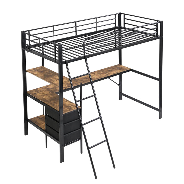 Einzel-Hochbett 90x200 – Schwarzes Metall mit Schreibtisch und Stauraum