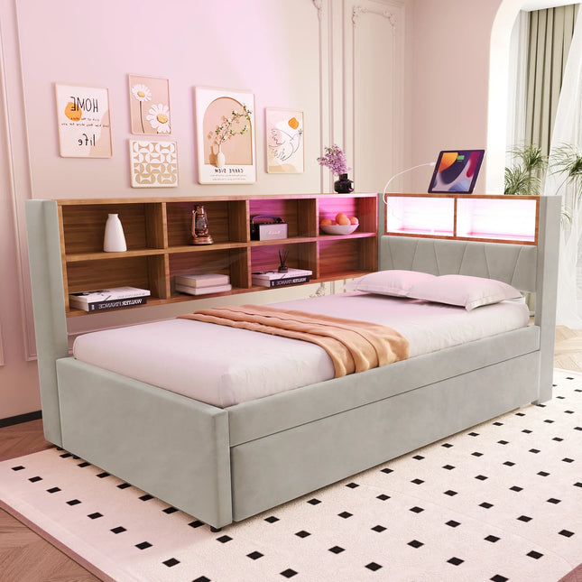 Uitschuifbaar eenpersoonsbed 90x200 met opbergruimte en ledverlichting – beige