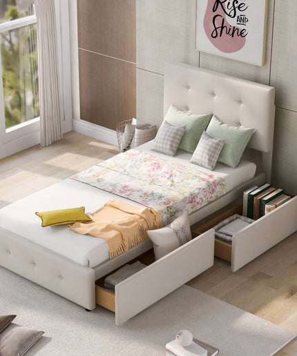 Lit 1 place 90x200 avec tiroirs de rangement – Velours capitonné