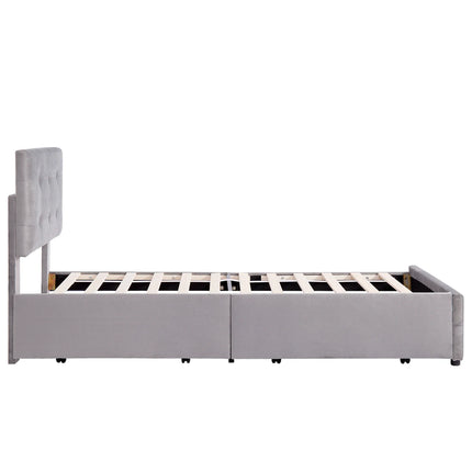 Einzelbett 90x200 – Gepolstertes Design in grauem Samt mit 2 Schubladen