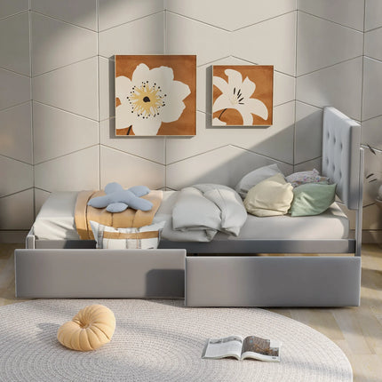 Einzelbett 90x200 – Gepolstertes Design in grauem Samt mit 2 Schubladen