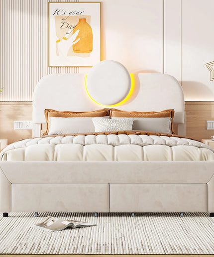 Lit 2 places 140x200 en velours avec rangement – Tête ronde LED