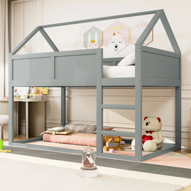 Hochbett mit 2 Einzelbetten (90x190cm) – Grauer Holzrahmen