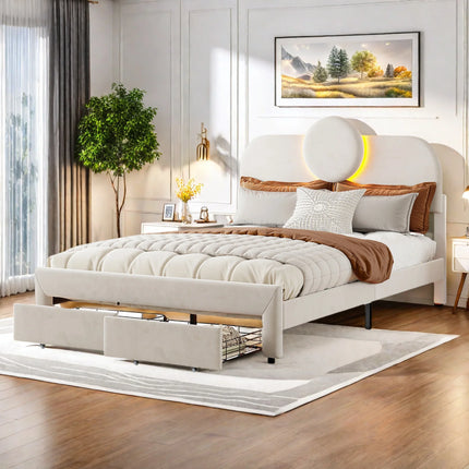 Tweepersoonsbed 140x200 cm in fluweel met opbergruimte – Rond LED-hoofdbord