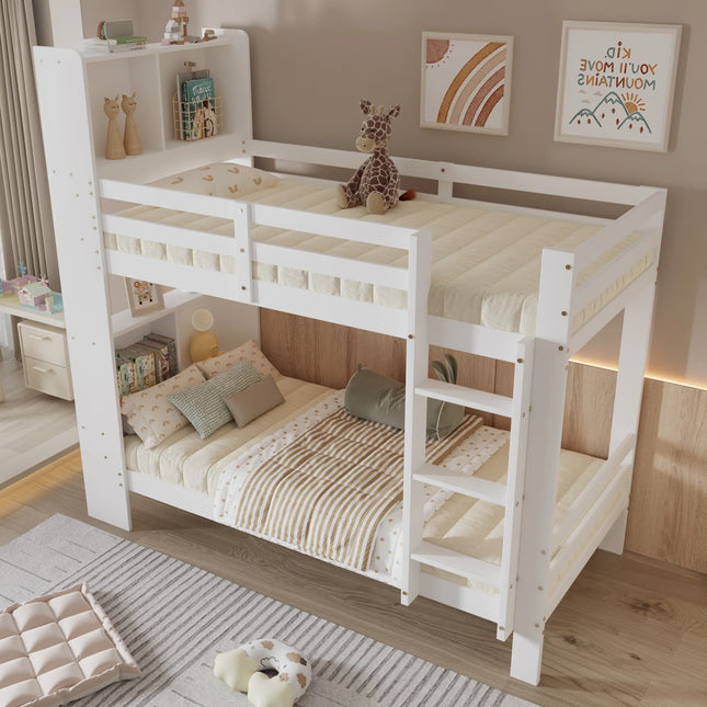 Hochbett mit zwei Einzelbetten (90 x 200 cm) – Weißes Holz mit integriertem Stauraum