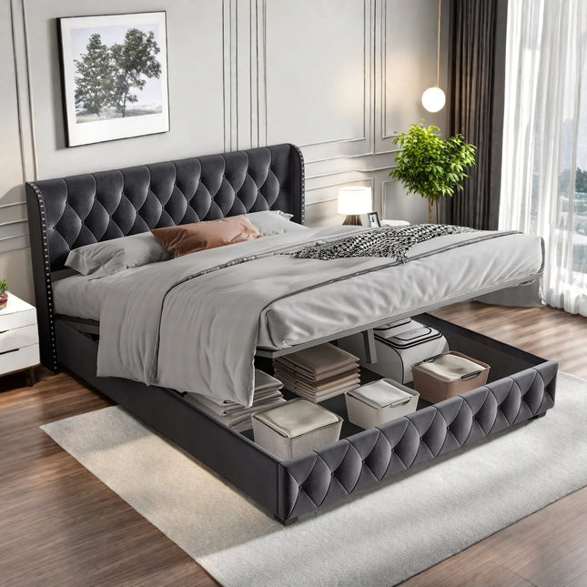 Lit 2 places 180x200 avec rangement – Velours gris capitonné