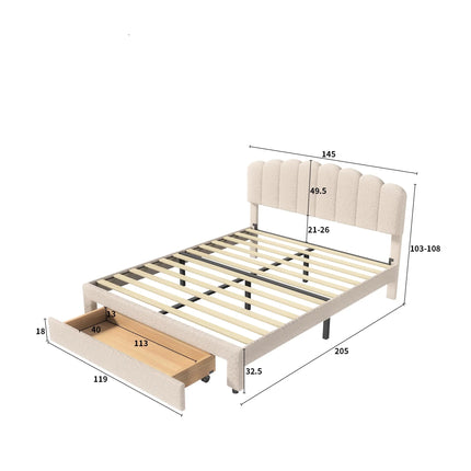 Tweepersoonsbed 140x200 met lade – Verstelbaar beige gewatteerd teddybeer hoofdbord